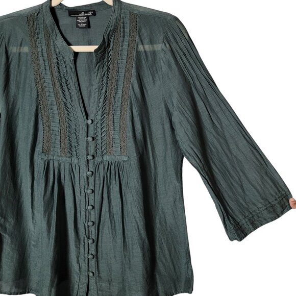 Willi Smith Womens Silk Blend Boho Peasant Pleated Bell Sleeve Button Up Top L - Picture 4 of 10